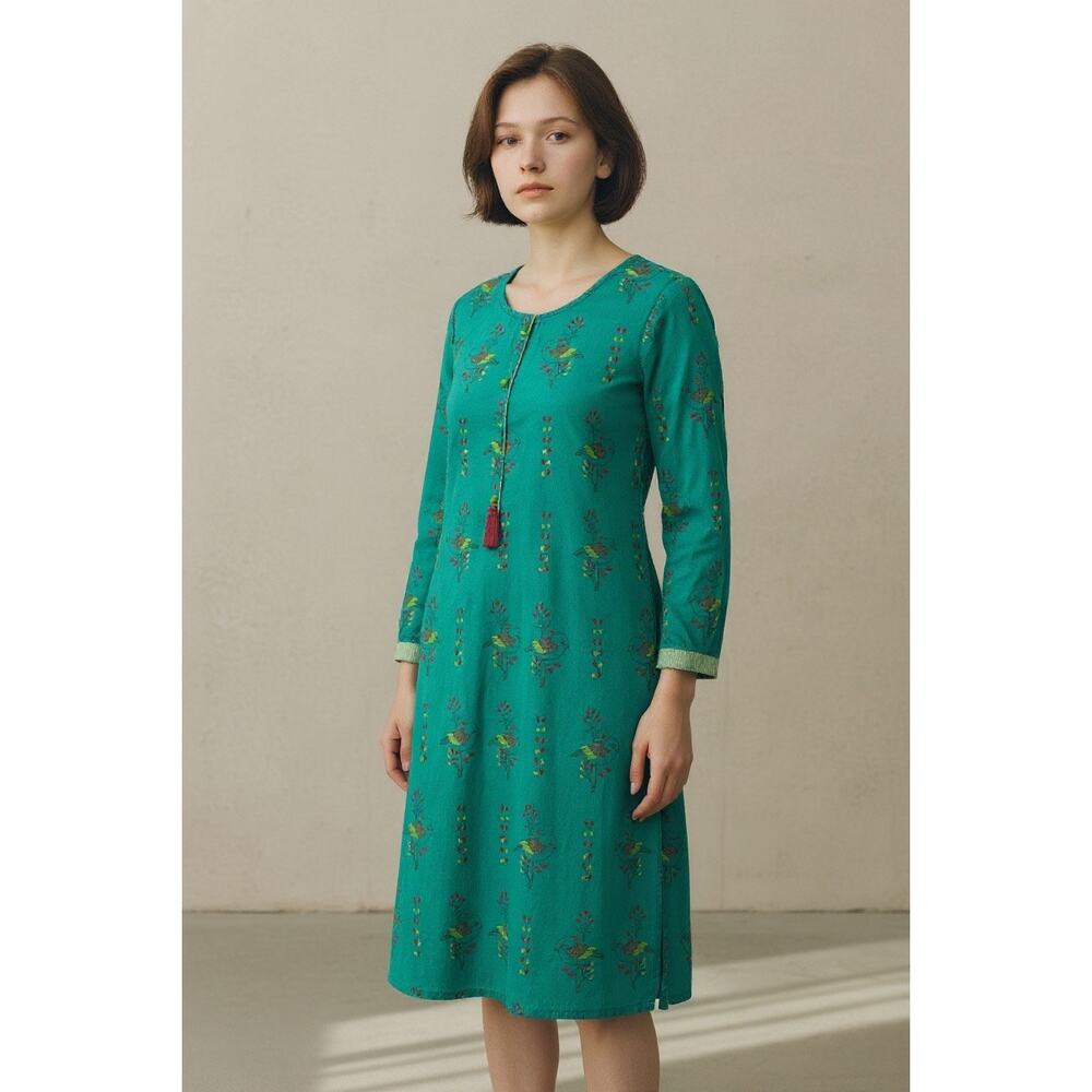 Vintage MAX Cotton Midi Dress Bird Print Boho India Teal Green Large